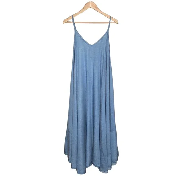 Tempo Paris Oversized Maxi Dress Blue Chambray Women M Lagenlook Coastal Cowgirl - Picture 2 of 10
